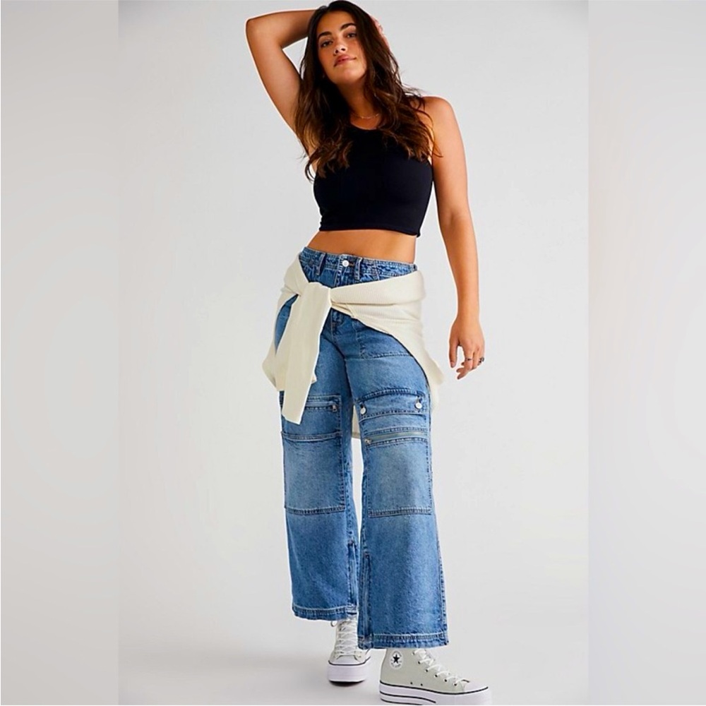 Free People CRVY Under Construction Utility Jeans Sz 32 Cargo Baggy Double Knee